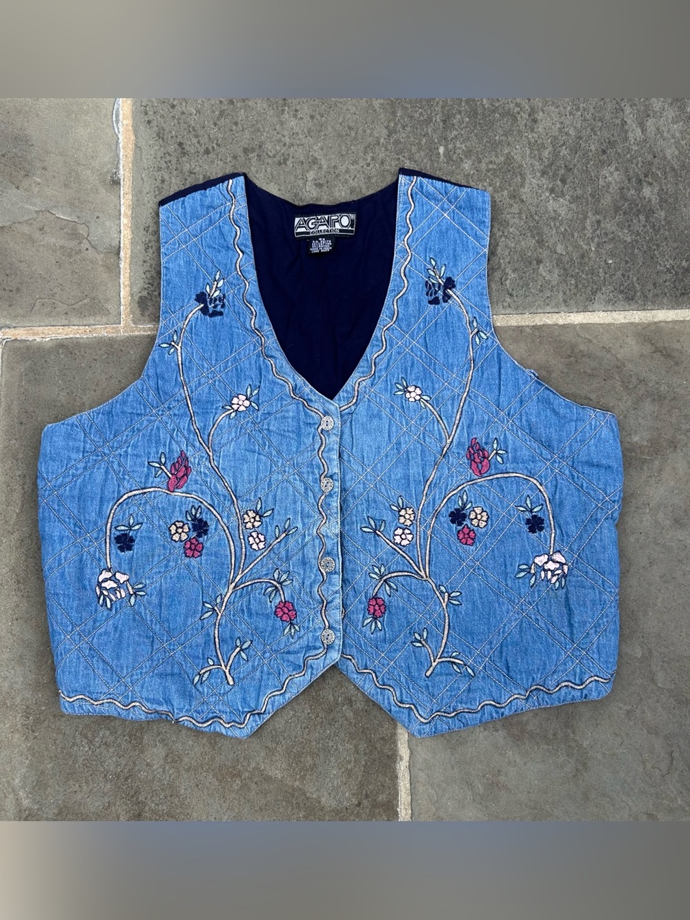 AGAPO Collection Embroidered Denim Vest 4X Blue Floral Cottagecore